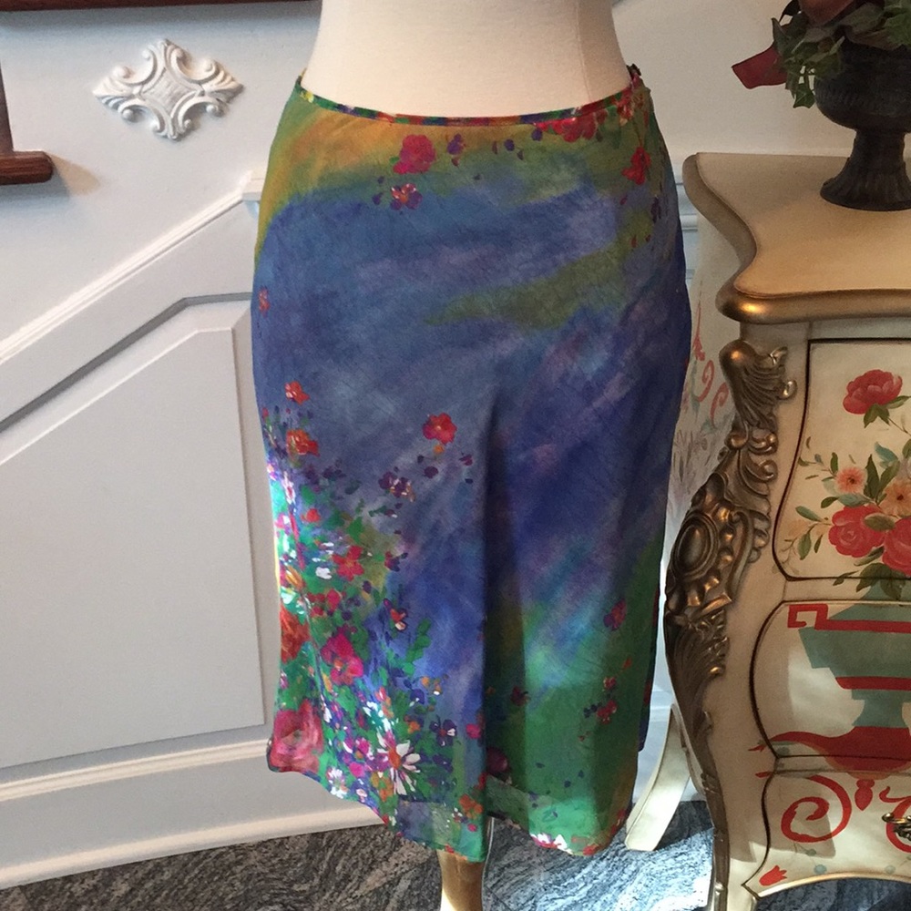 Floral Watercolor Midi Skirt in Blue Green